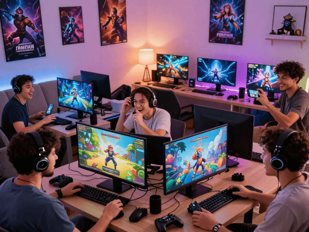 Players enjoying online porn games together in a vibrant gaming room.