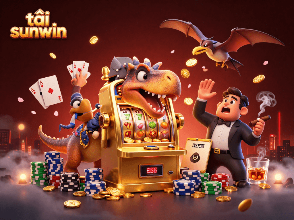 Tải sunwin in a vibrant scene showcasing a dinosaur headbutting a slot machine amidst golden coins and poker elements.