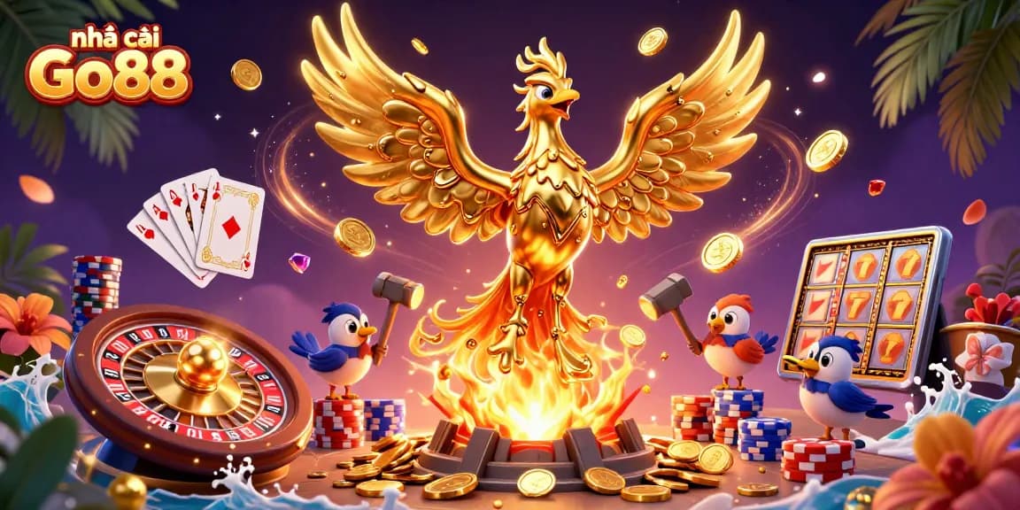 Experience action at nhà cái Go88 with a 3D golden phoenix surrounded by casino elements.