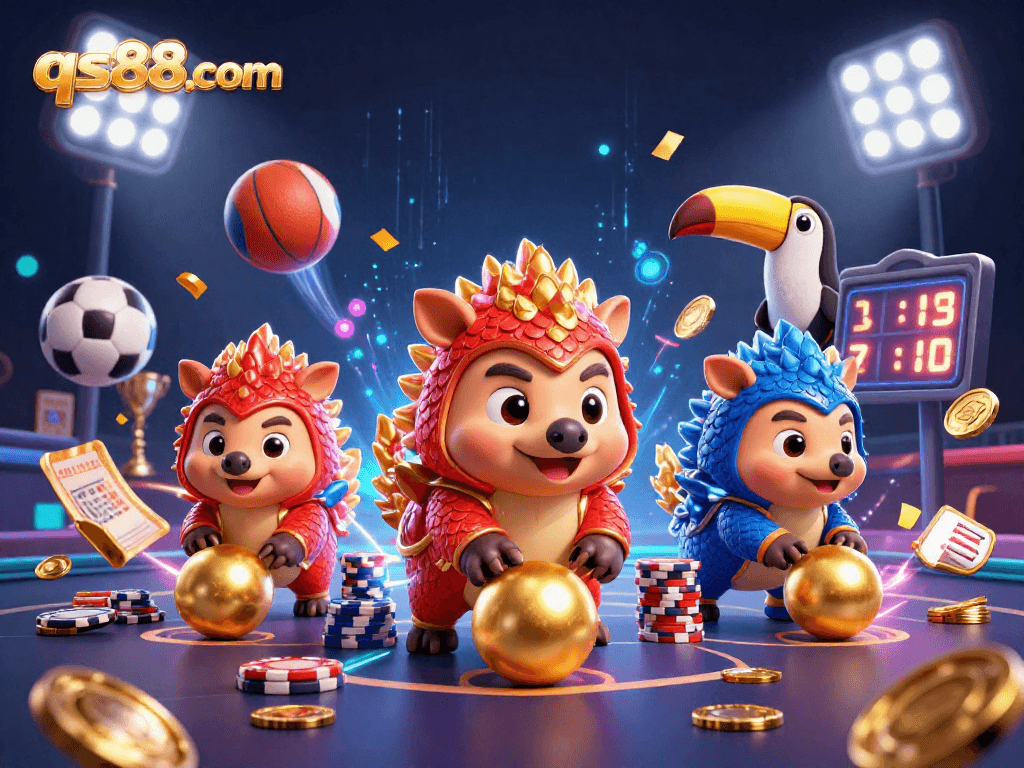 Experience thrilling gameplay at qs88com with rival pangolins competing amidst vibrant casino elements.