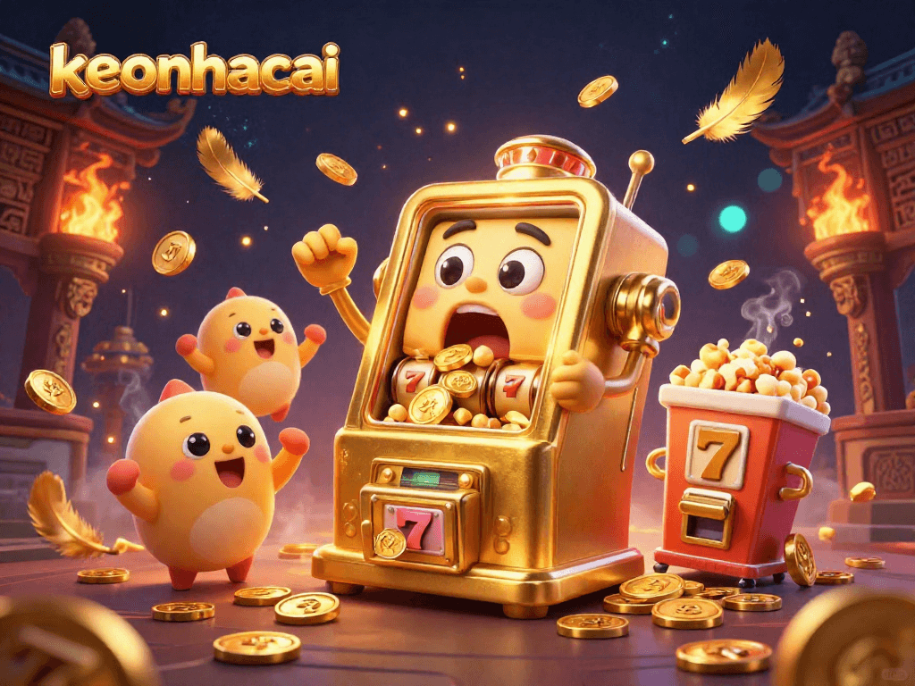 keonhacai slot machine hitting jackpot with coins pouring and cheering baby slots in a vibrant scene