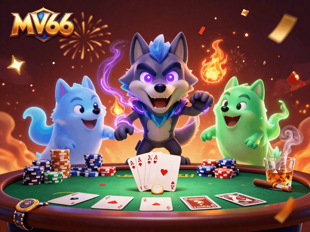 Experience the thrill of MV66 casino games with vibrant poker action and spectral wolves.