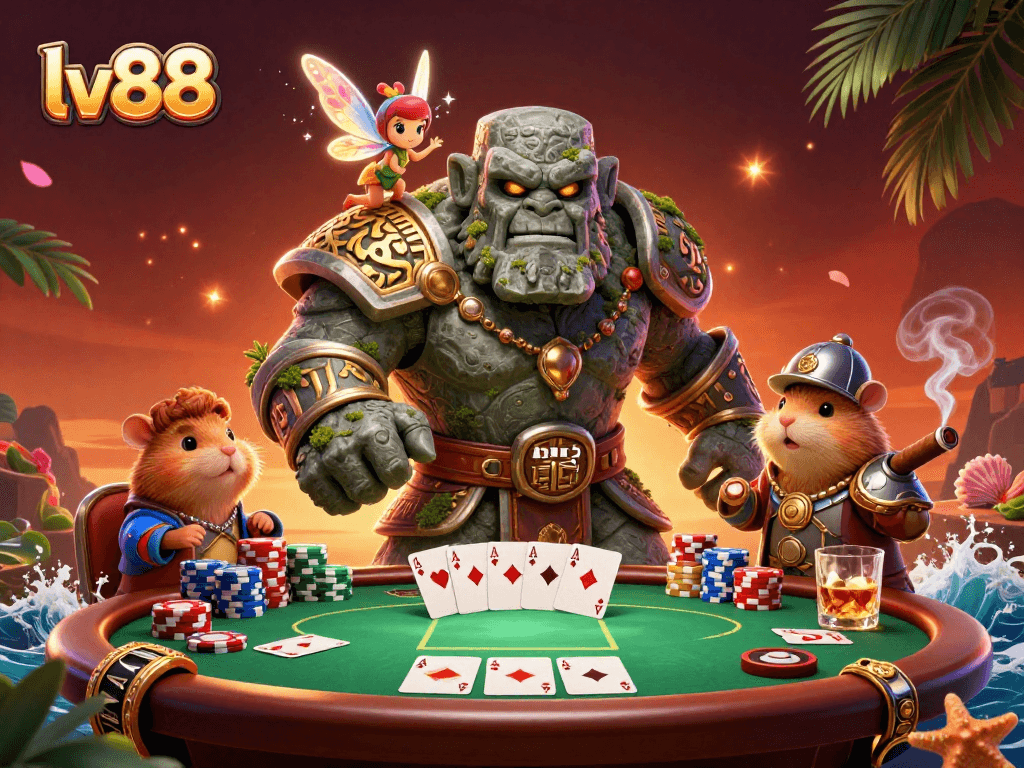 Engaging lv88 scene with a golem, fairy, and hamster knight at a vibrant poker table.