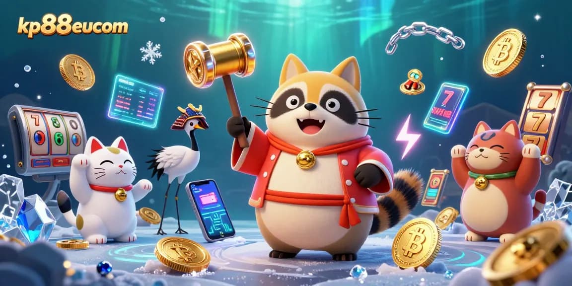 Join the excitement at kp88eucom with 3D cartoon characters and vibrant slot elements in a vibrant casino scene.