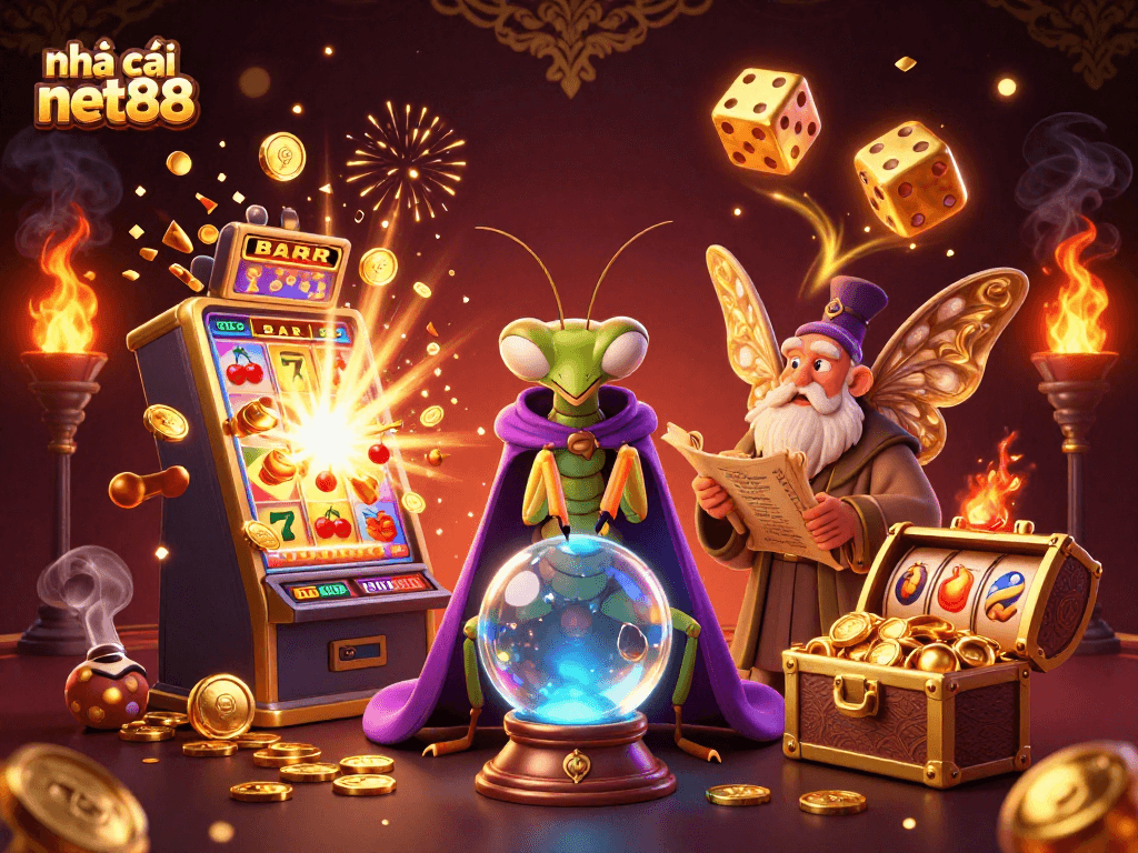 nhà cái net88 unleashes a mystical casino scene with vibrant fortune teller and jackpot thrills