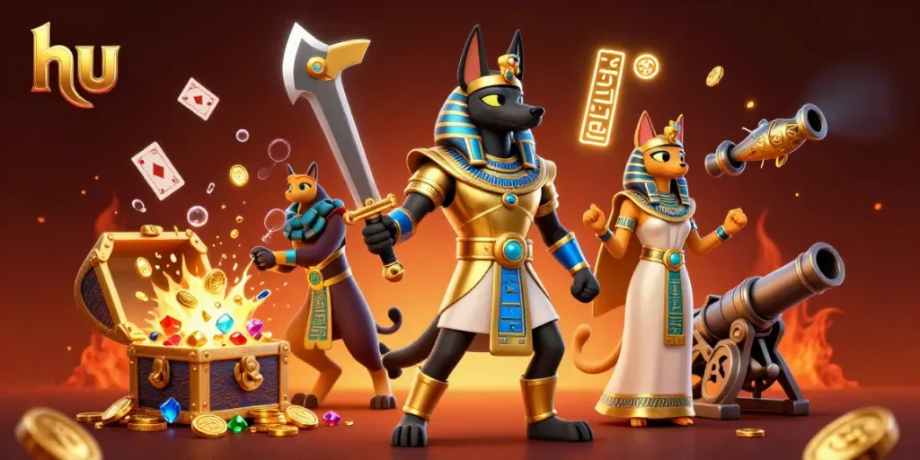Anubis and Bastet surrounded by treasure and cards in a cinematic hu-themed casino scene.