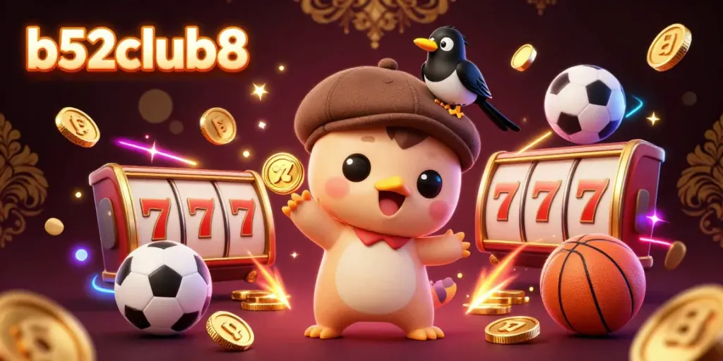 Experience the thrill of b52club8 with a vibrant 3D cartoon scene filled with playful characters and dynamic gambling elements.