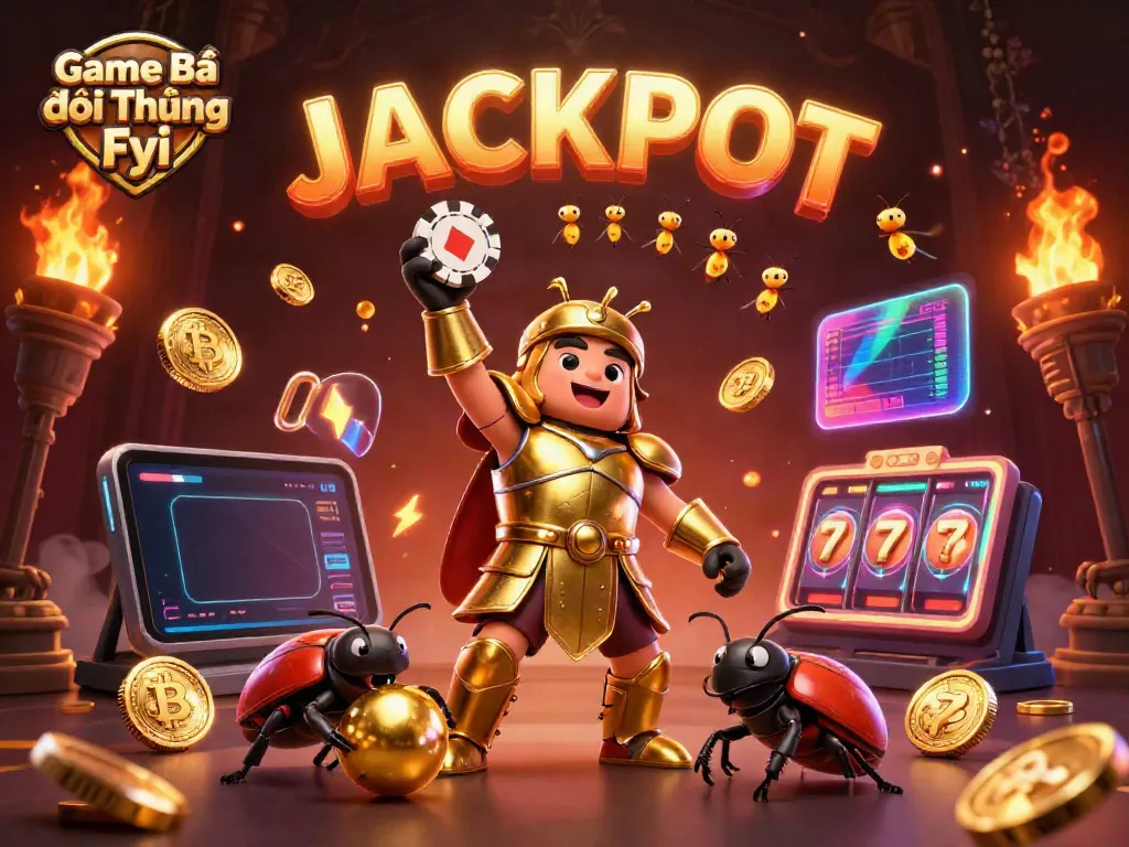 Game Bài Đổi Thưởng Fyi showcases a 3D beetle hero in casino glory and jackpot celebration.