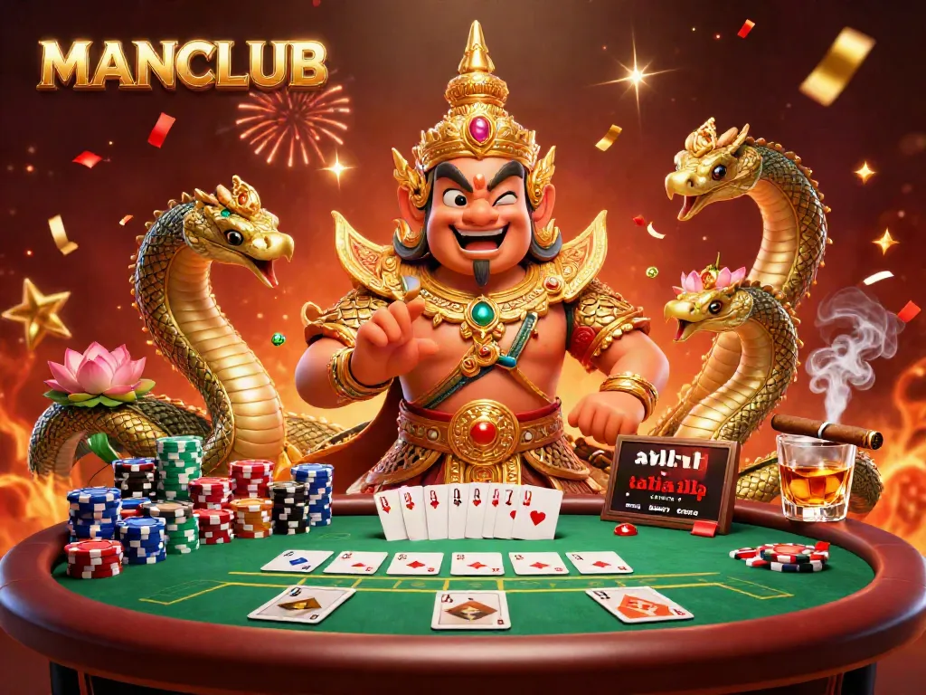 Engage in thrilling poker with MANCLUB characters amidst vibrant casino energy and celebration.