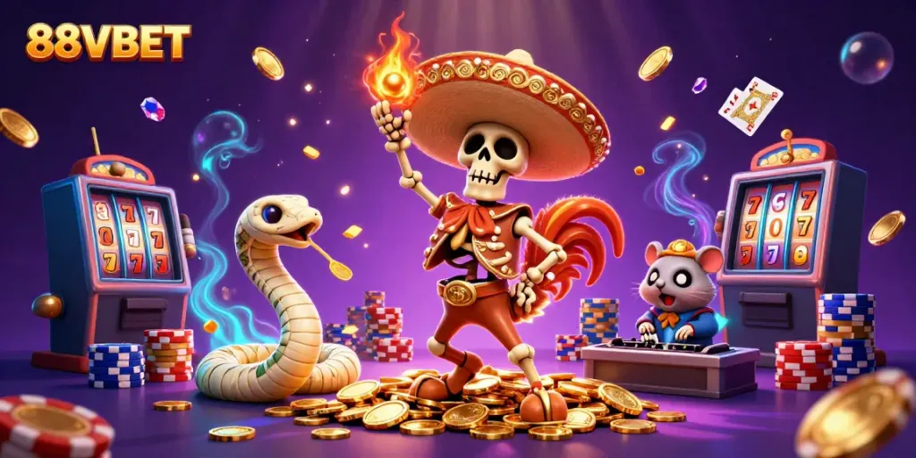Join the fun at 88VBET with a vibrant casino scene featuring dynamic characters, coins, and games.
