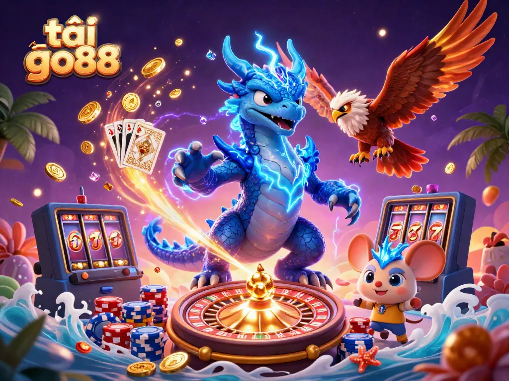 Experience the thrill of tải go88 as vibrant characters and golden coins surround a lively casino scene.