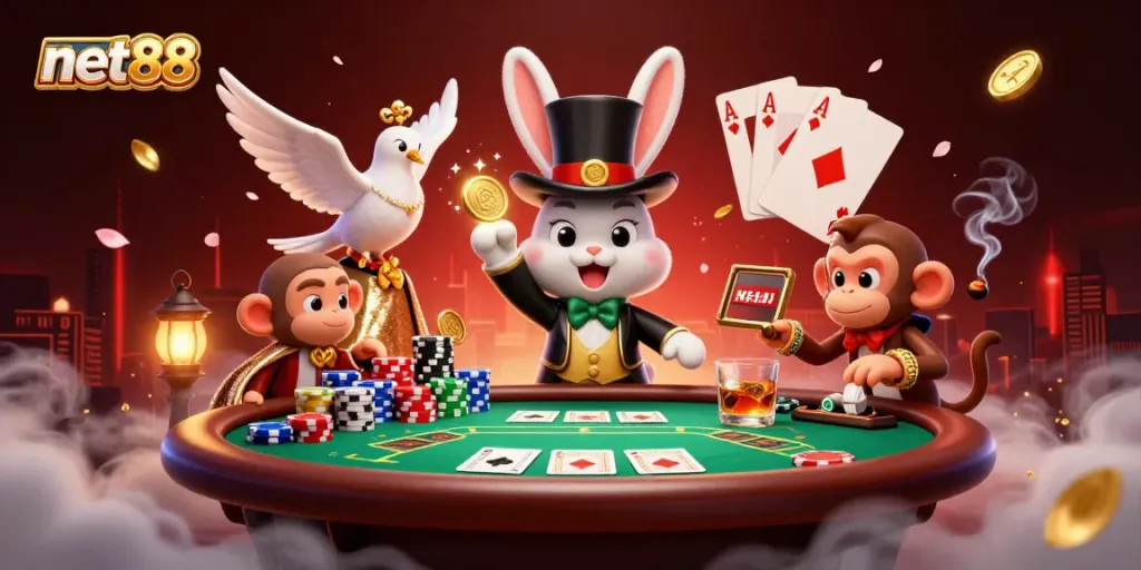 Win big with net88 as a magical magician rabbit pulls coins from a top hat.
