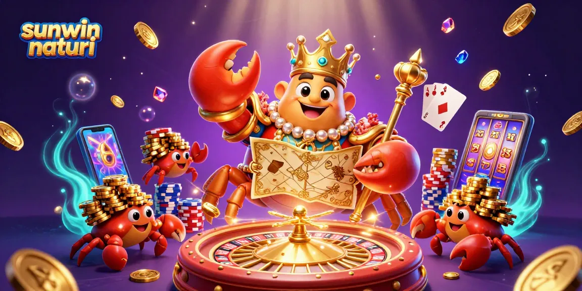 Experience winning with sunwin naturi in this vibrant 3D casino illustration featuring a golden crab emperor.