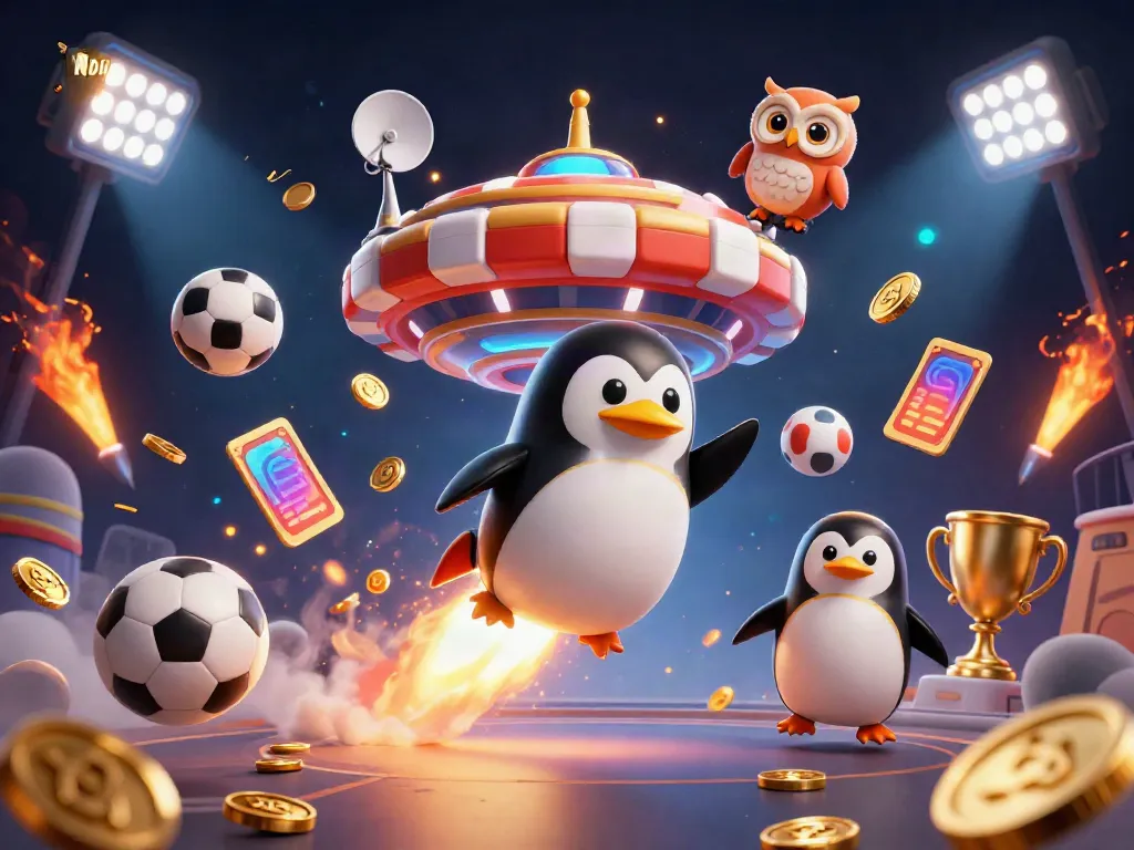Experience thrilling wins at NOHU with a rocket penguin soaring towards a vibrant casino!