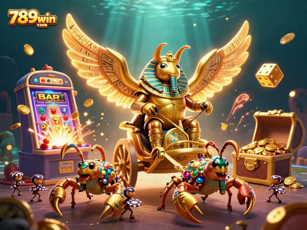 Experience the vibrant energy of 789win com featuring a golden scarab beetle and dynamic casino elements in a stunning 3D illustration.