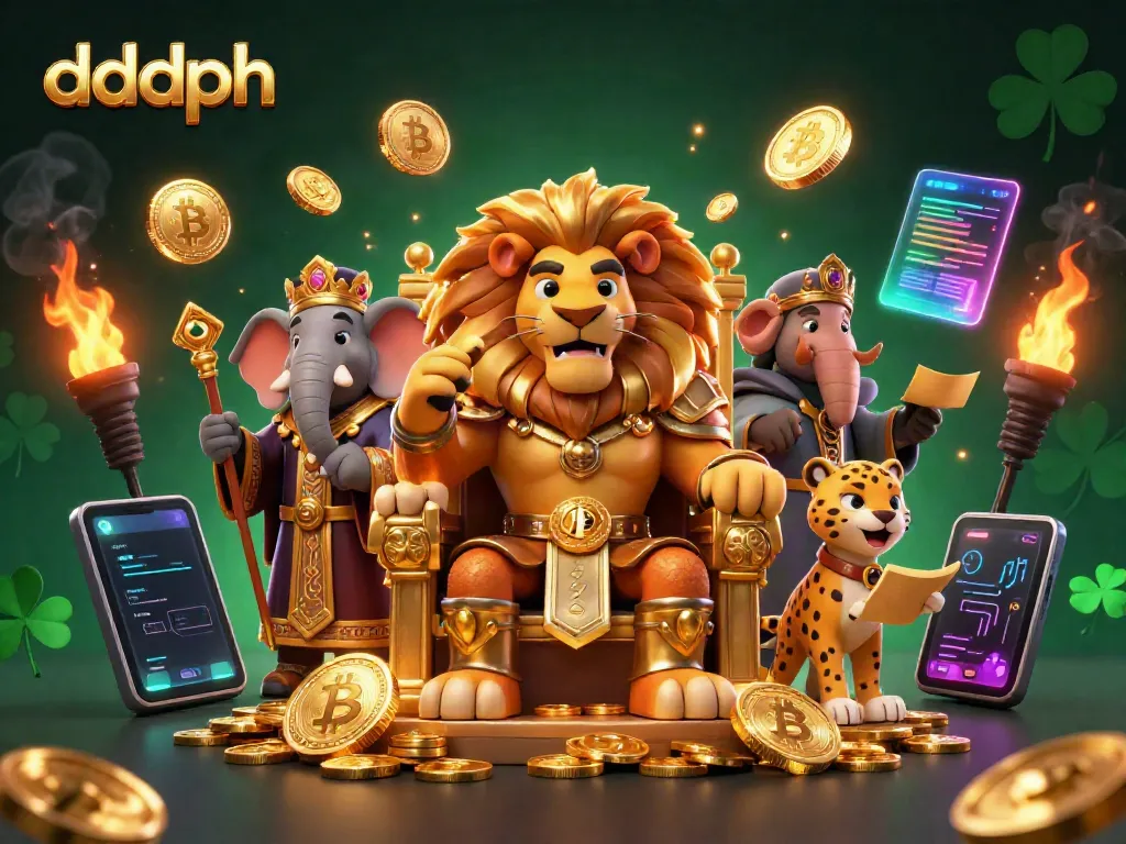 Engage with dddph through a vibrant casino tableau featuring a lion king and crypto symbols.