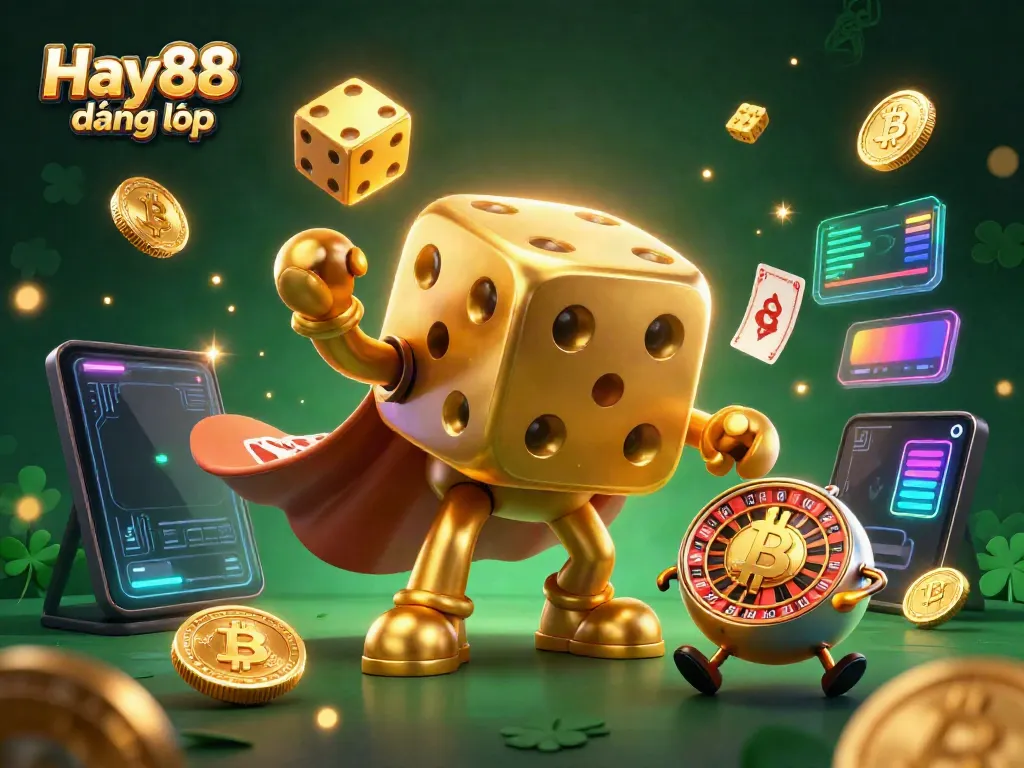 Engage in exciting gambling adventures with Hay88 đăng nhập as golden dice figures animate alongside vibrant digital assets.