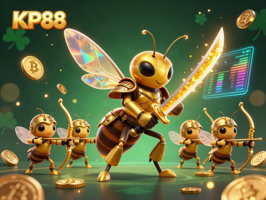 Engage with KP88's vibrant casino adventure featuring a golden hornet samurai and glowing crypto elements.