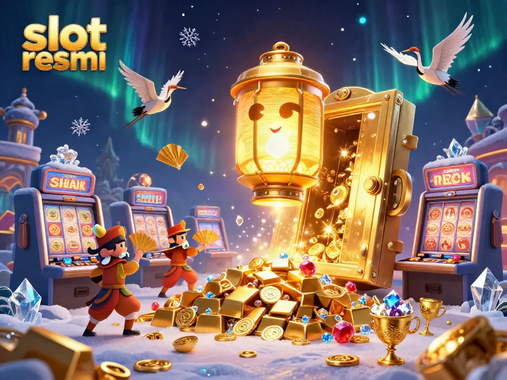 Witness the enchanting world of slot resmi with a golden lantern spirit amidst a casino filled with treasures, symbolizing luck.