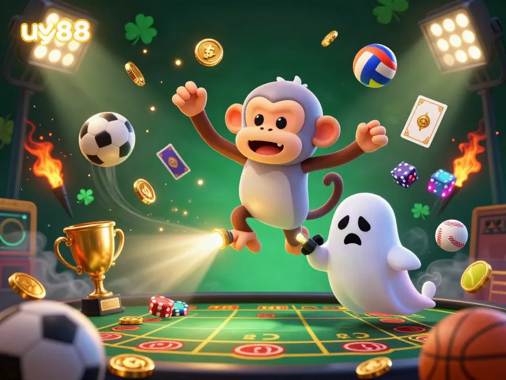 Join the excitement at uy88 casino where golden coins fly amidst sports action and mythical fun!