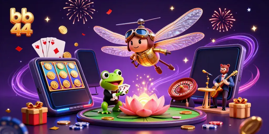 Engage in thrilling games at bb 44 with lively casino scene including a dragonfly pilot and frog croupier.