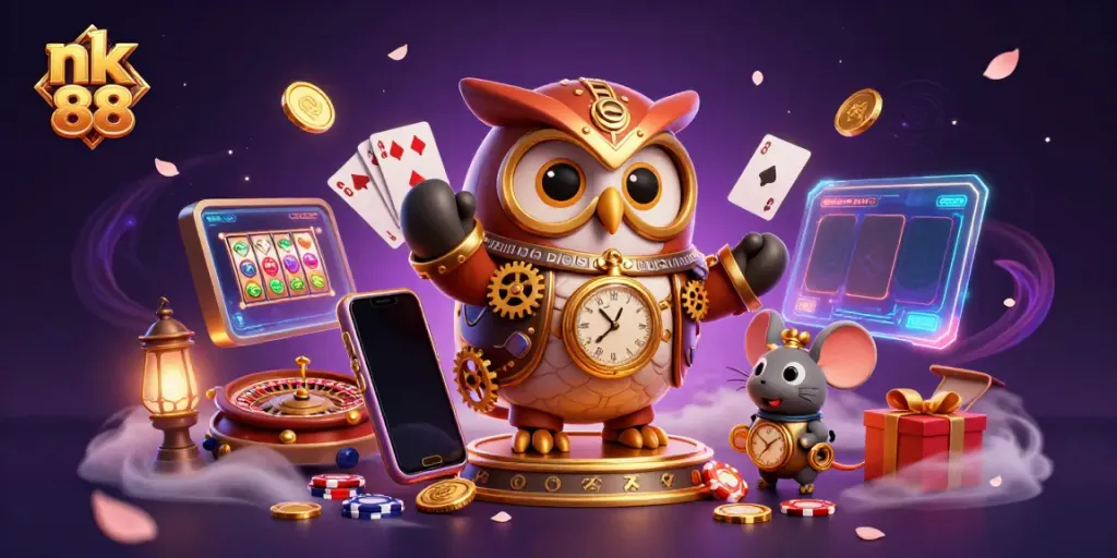 Engaging nk 88 themed scene illustrating a steampunk owl and mouse in a vibrant casino atmosphere.