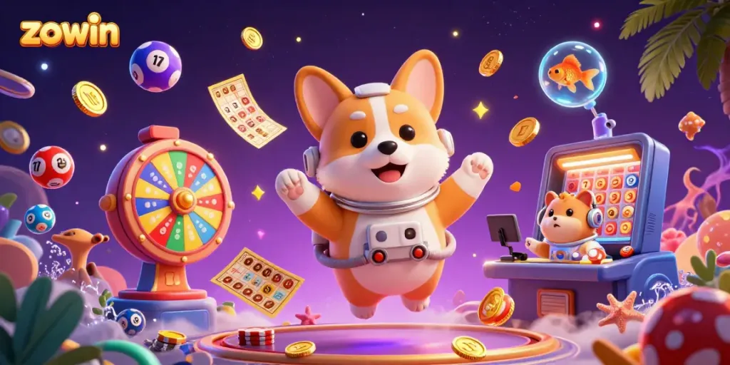 Zowin's exciting gaming experience features a floating corgi, hamster, and goldfish amidst a casino atmosphere.