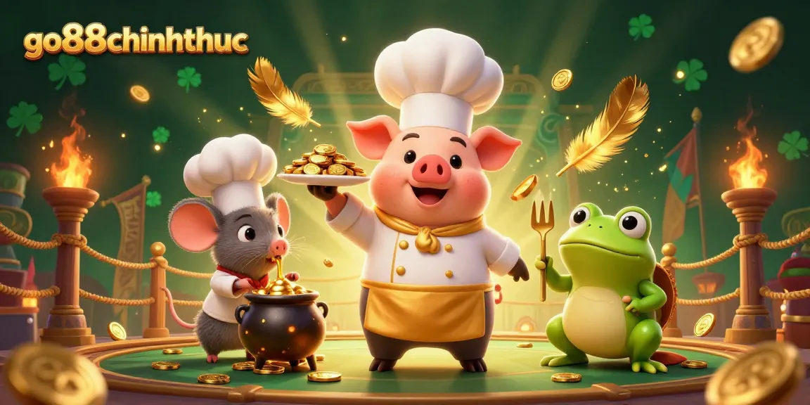 Engage with go88chinhthuc's vibrant 3D casino scene featuring a chef pig and golden treasures.
