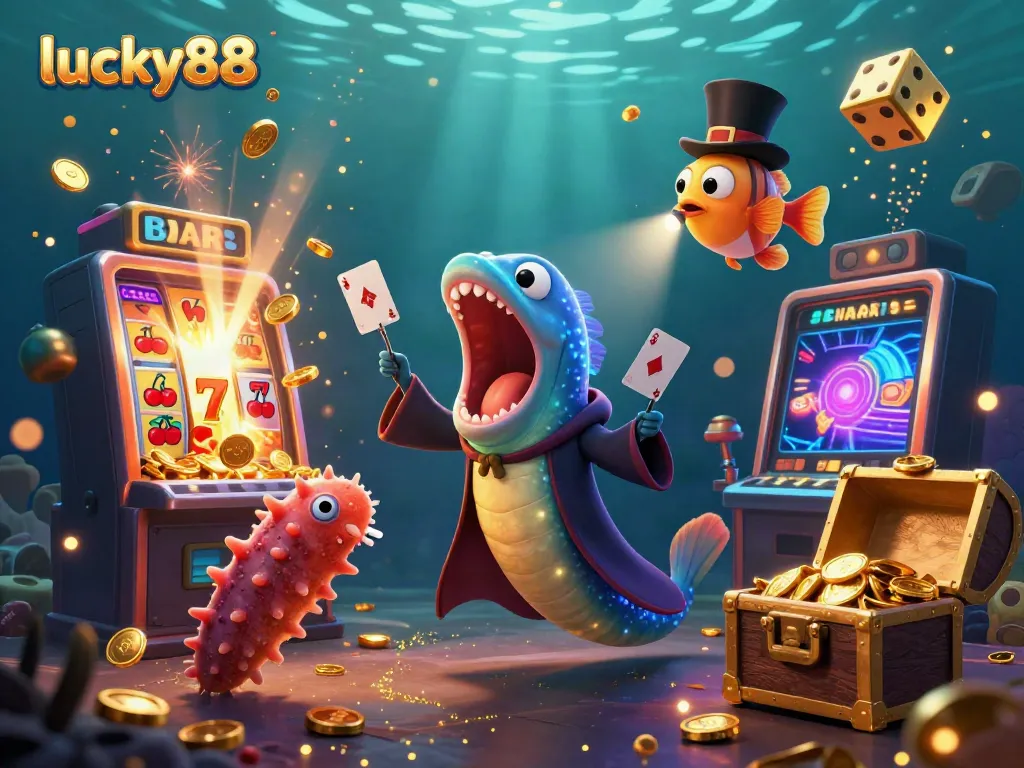 Experience lively magic act with lucky88 creatures amidst casino-themed elements.