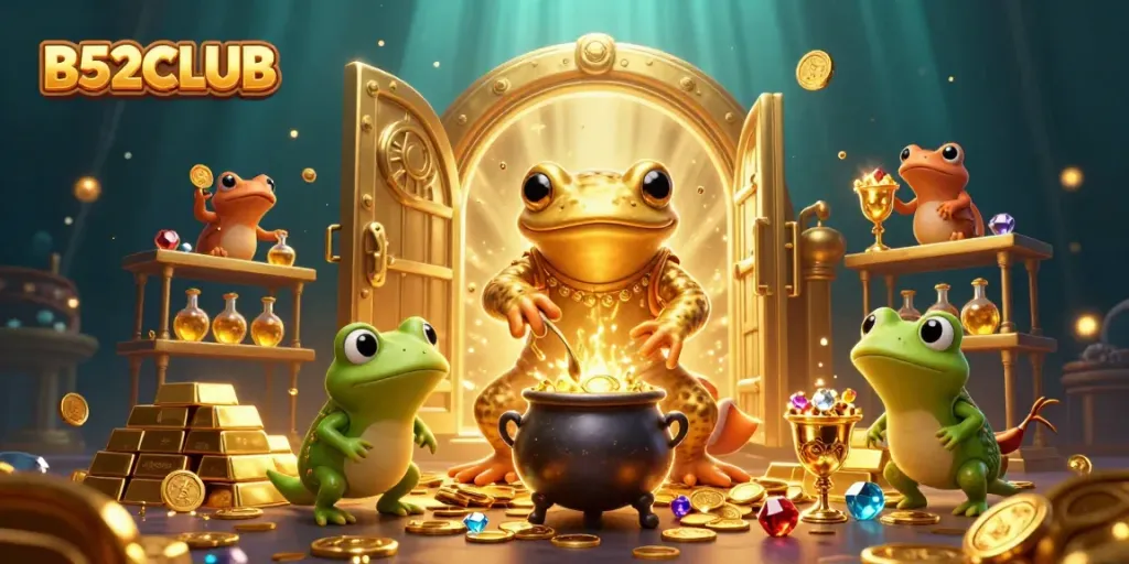 Experience the thrill of B52CLUB in a vibrant 3D illustration of alchemical wonders transforming wealth.