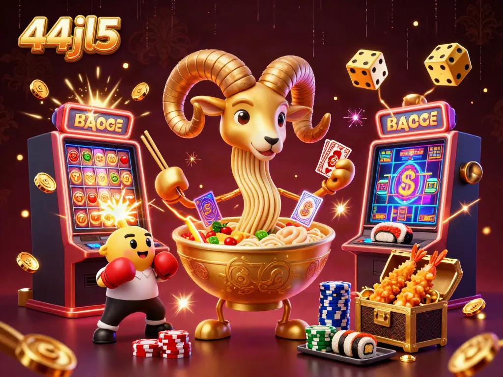 44jl5 showcases a vibrant casino scene with cartoon characters dealing cards and stacks of chips.