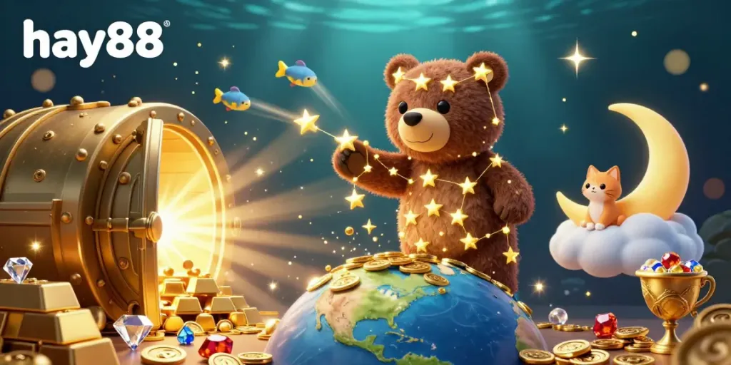 Engage with hay88's vibrant 3D illustration featuring a golden constellation bear collecting coins, showcasing a rich casino theme.