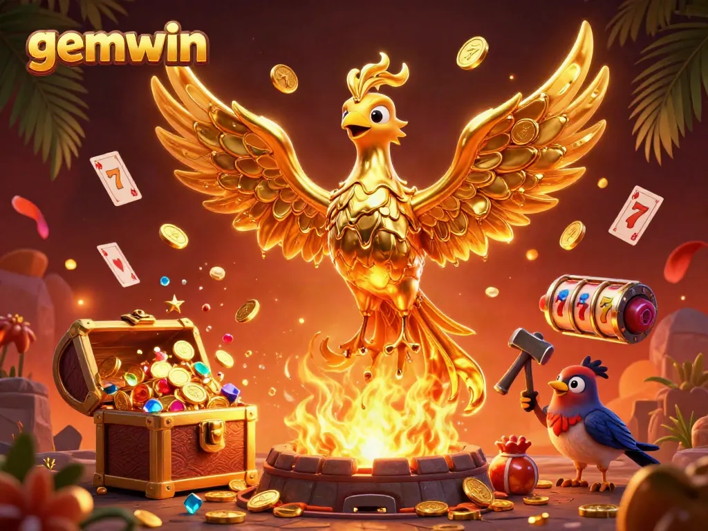 Engage in thrilling games at gemwin with a majestic molten phoenix and gold coins.
