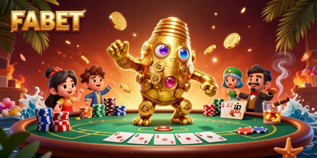 Engage in exhilarating gameplay at FABET, with a dynamic golden golem symbolizing jackpot excitement surrounded by poker elements.