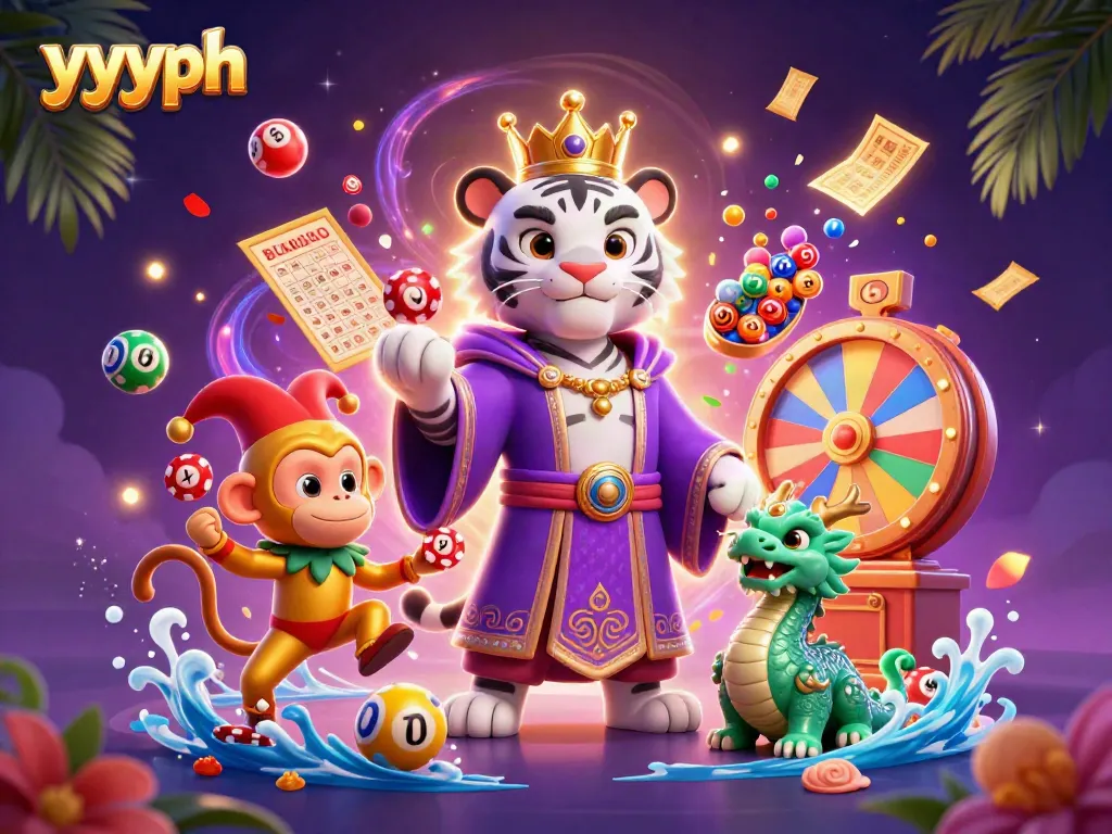 Engage with the energetic scene of yyyph, featuring a royal tiger, jester monkey, and exciting lottery elements.