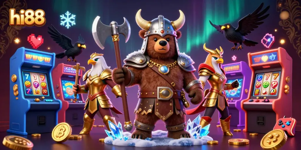 Engage with hi88's lively 3D casino scene featuring Viking bear, Valkyrie eagle, and vibrant game elements.