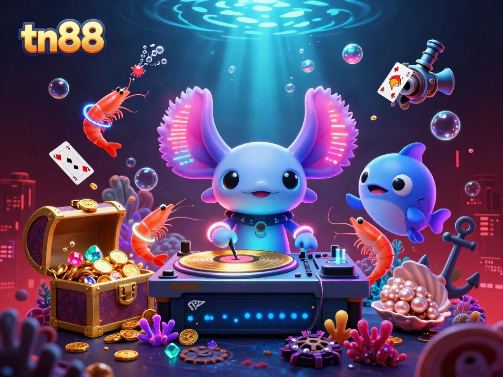 Experience thrilling tn88 gameplay featuring a neon-colored axolotl DJ spinning records amidst treasure and vibrant sea creatures.