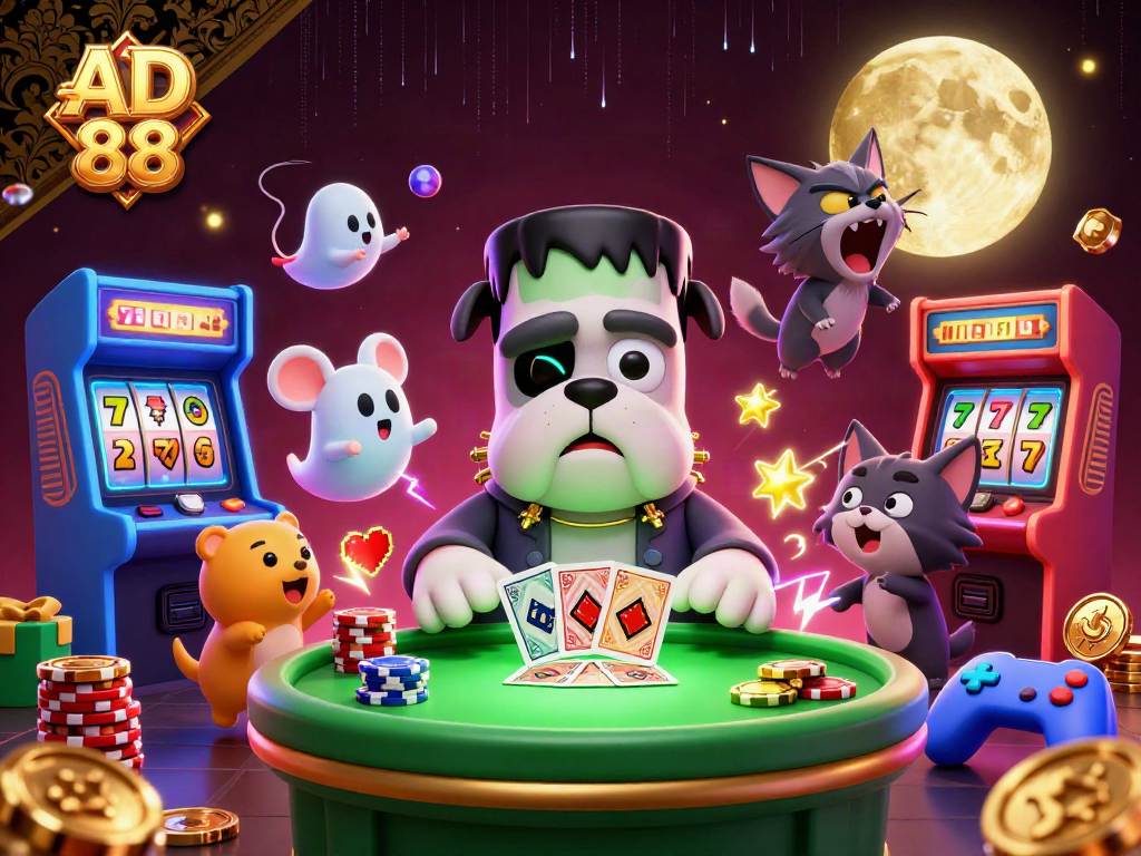 Experience thrilling games at AD 88 with a cartoon monster dealing cards in a vibrant casino scene.