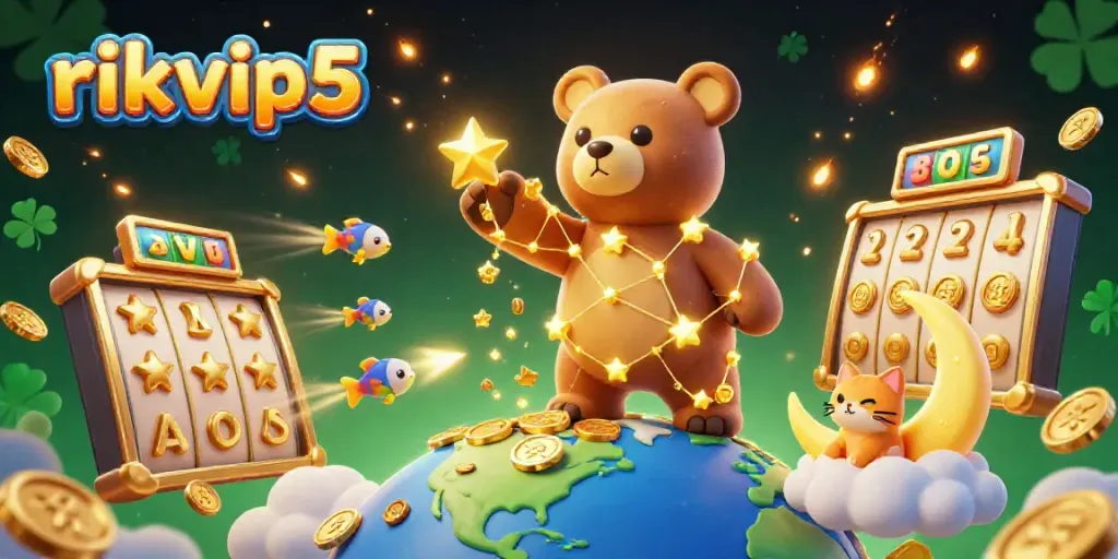 Join the excitement at rikvip5 with a vibrant 3D casino scene featuring golden coins and lucky symbols.