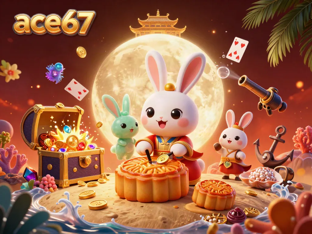 Engaging 3D illustration of ace67 featuring a moon rabbit and jade companion with casino elements, perfect for gambling enthusiasts.