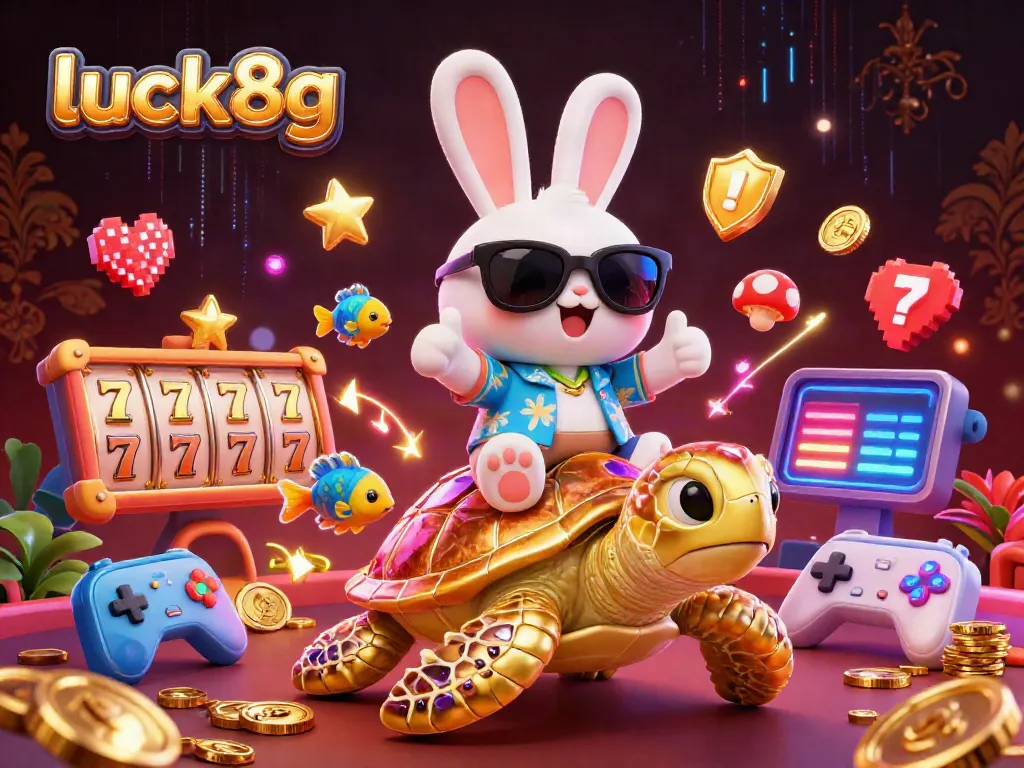 Experience thrill with luck8g as a lucky rabbit and golden turtle celebrate wins in a vibrant casino world.