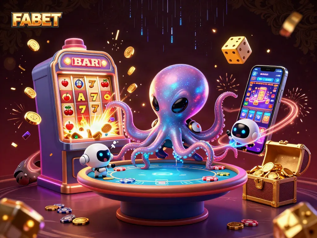 Experience thrilling gaming with FABET's dynamic alien-themed casino scene featuring holographic tables and jackpot excitement.