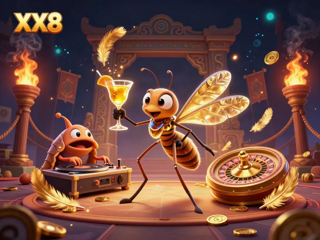 Experience the thrill of XX8 with a vibrant 3D casino scene featuring a frozen mosquito mascot and trilobite DJ.