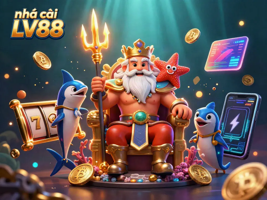 Experience the best at nhà cái LV88 with a vibrant 3D casino scene featuring Neptune and unique game elements.