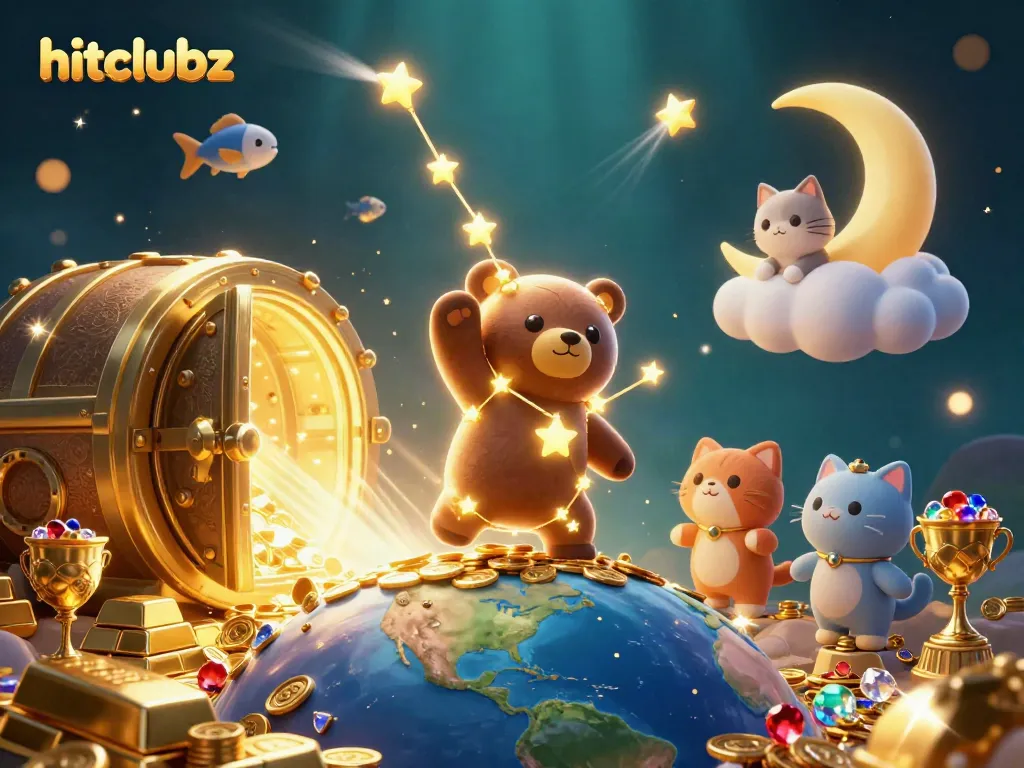 Engage with hitclubz in a dazzling casino scene featuring a constellation bear and treasures.