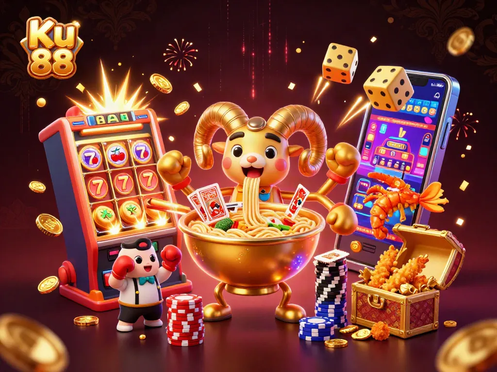 Bet big with Ku 88's vibrant casino scene featuring fun characters and exciting game elements.