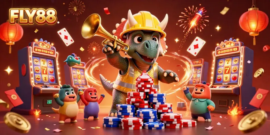 Experience FLY88's vibrant casino celebration scene with poker chips, slot machines, and adorable dinosaur characters.