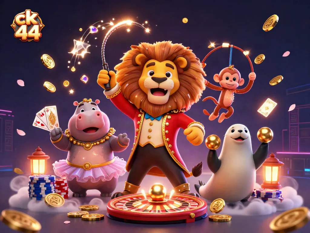 Experience the excitement of ck 44 with a vibrant 3D circus-themed casino illustration, showcasing casino games and characters.