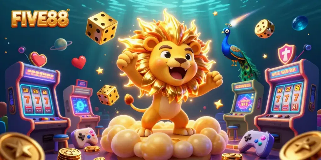 Engage in thrilling games at FIVE88, featuring stunning 3D visuals and dynamic casino elements.