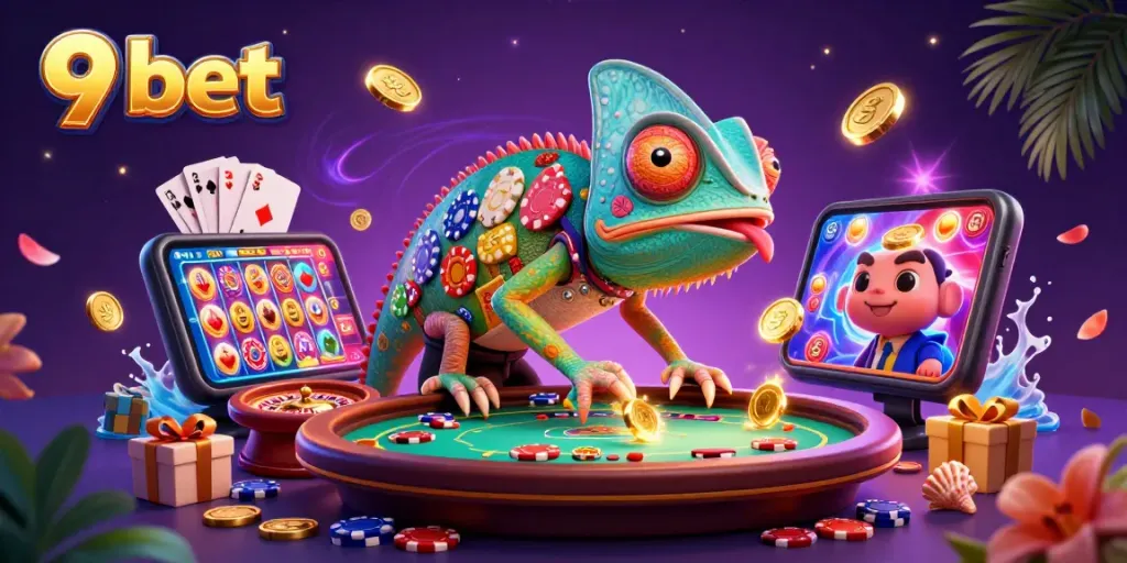Experience the vibrant world of 9 bet with a chameleon casino owner amidst dynamic gaming elements.